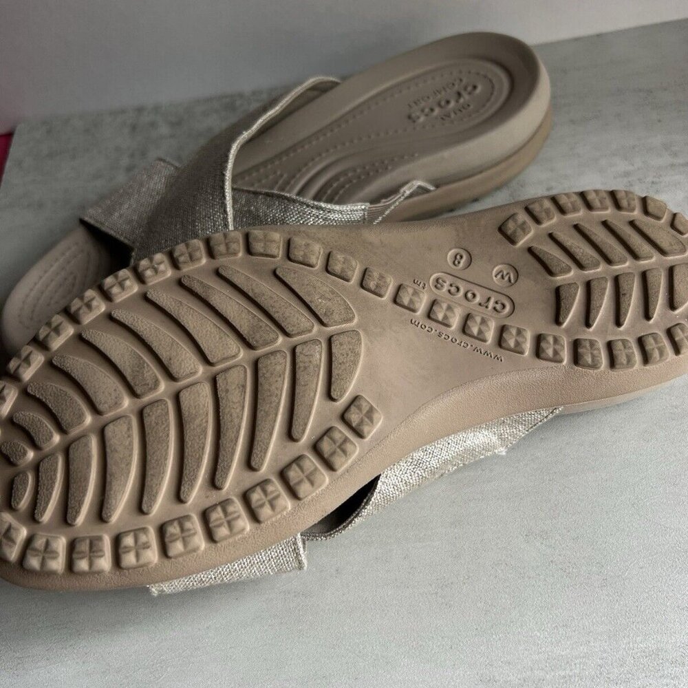 CROCS Women's Metallic Taupe Cross-Band Sandals - Picture 8 of 16